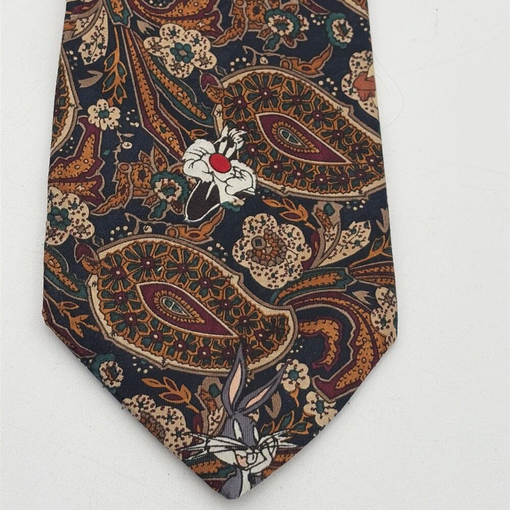 Vintage 1993 Looney Tunes Mania Paisley Tie Bugs Bunny Daffy Duck Taz Navy